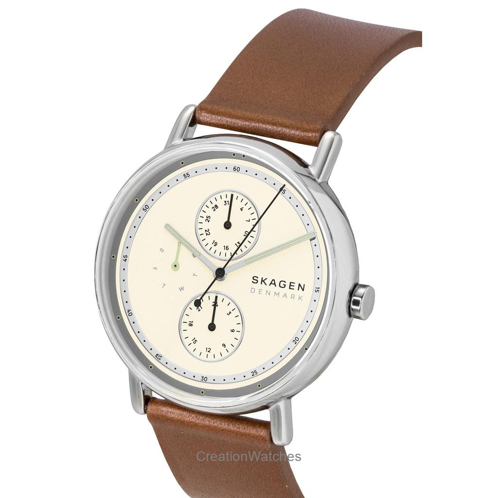 Skagen Signatur Leather Strap Multifunction Cream Dial Quartz SKW6942 Men's Watch