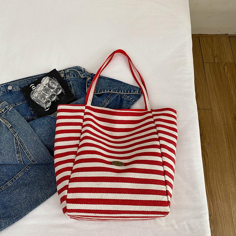 2025 Striped Knitted Bag Lazy Wind Tote Bag Student Large Capacity Casual Shoulder Bag Women