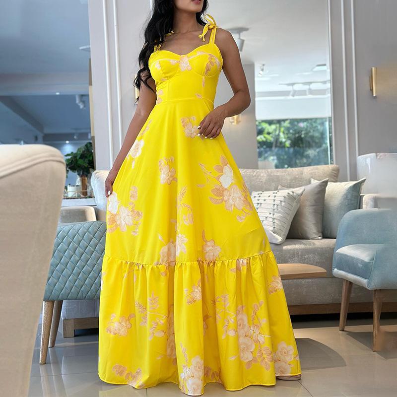Women s summer new printed spaghetti strap socialite mid-length vacation maxi dress S