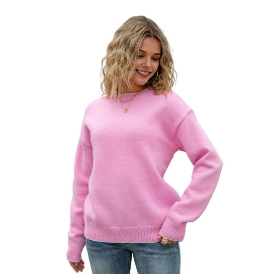 Women Sweater Tops Round Neck Long Sleeve Ribbed Hem Cuff Knitting Tops with Back Bow Decor Solid Color Knitwear