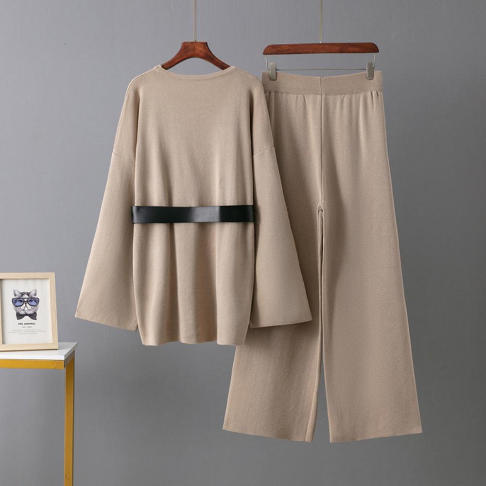 Pletené kalhoty se širokými nohavicemi, pas, svetrový oblek, dámský jarní a podzimní volný módní temperamentní dvoudílný oblek