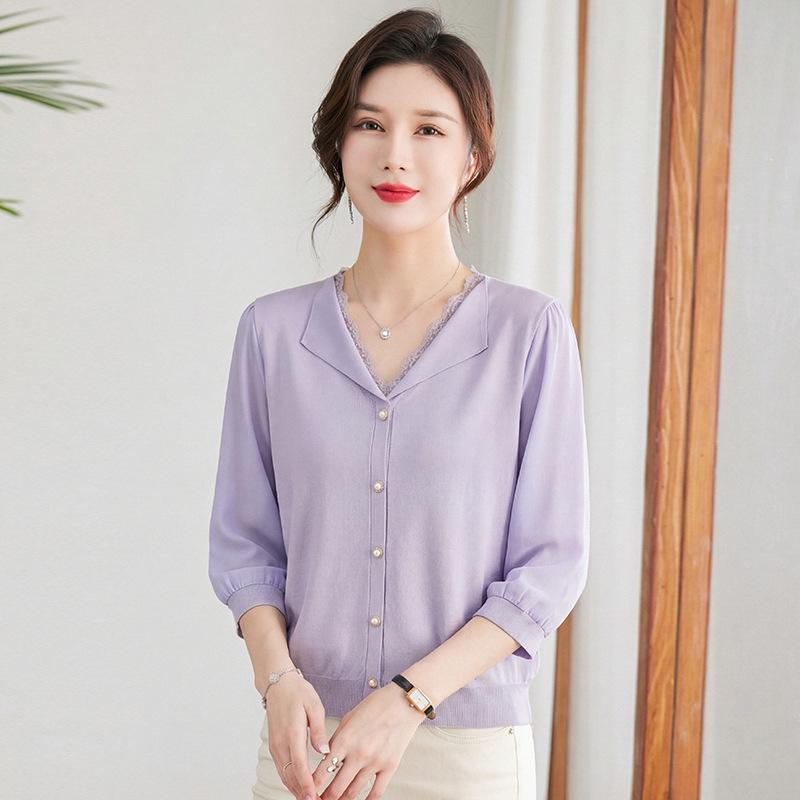 

Ice Silk Spliced Sleeve T-Shirt for Middle-Aged and Elderly Women - New Spring/Summer Style L (Recommended under 105 jin)