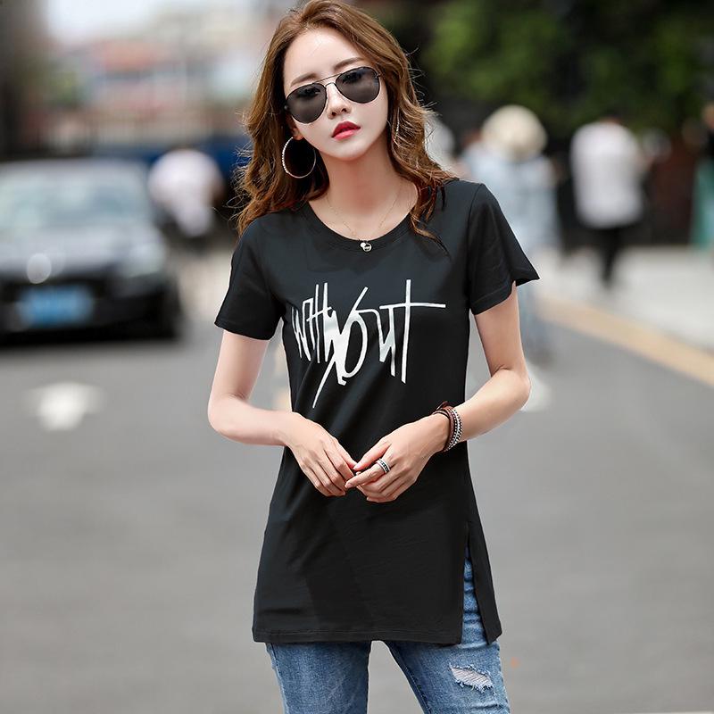 Women's Mid-Length Loose Letter T-Shirt, Korean Style Summer Casual Half-Sleeve White Top