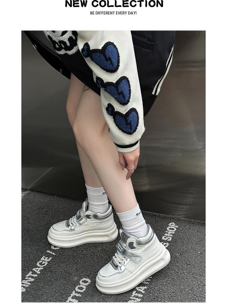 Women's High-Top Genuine Leather Velcro Sneakers with Thick Soles - Height-Enhancing Casual Sports Shoes for Spring & Autumn 2025
