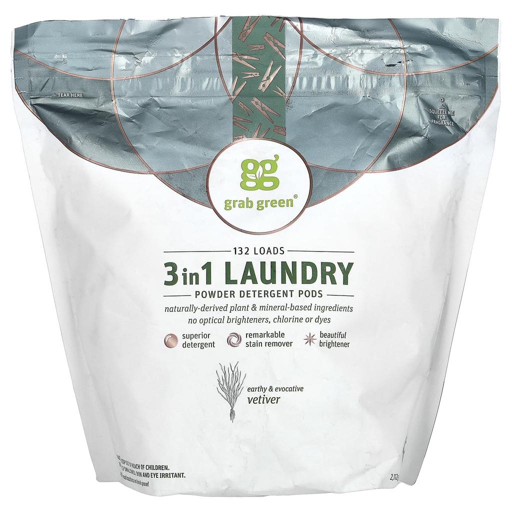 3 In 1 Laundry Detergent Cubes, Vetiver, 132 Loads, 5 Lbs 4 Oz (2376 G)