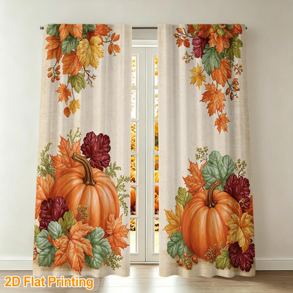2PCS Thanksgiving Fall Curtains, Pumpkin Maple Leaf, Digital Print, Bedroom Living Room, Office, Bathroom, Dining Room