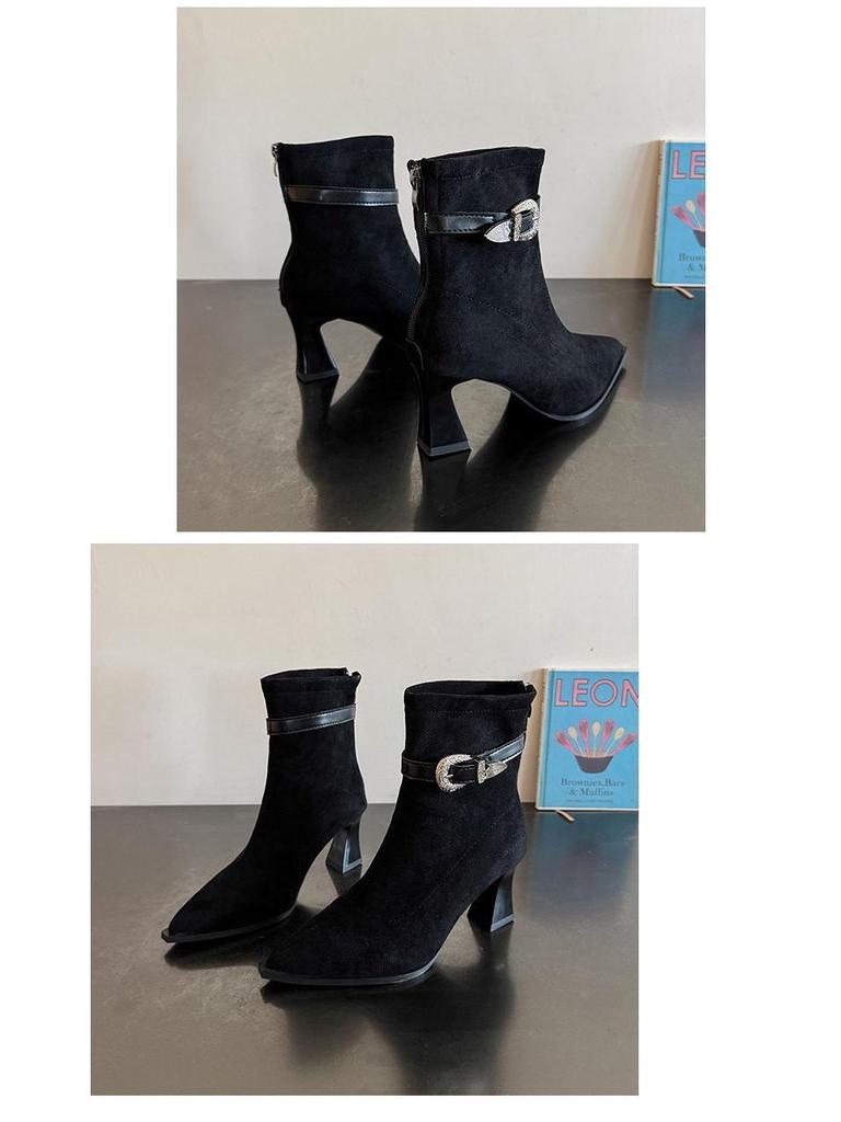 Chic Autumn & Winter Frosted Leather Ankle Boots with Buckle, Pointed Toe, and Chunky Heel