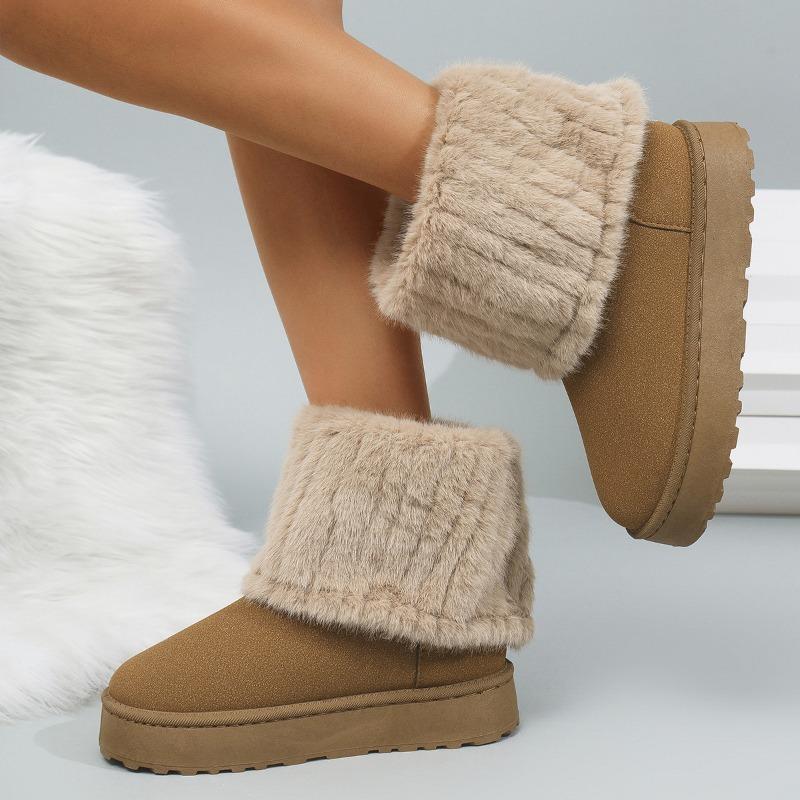 New large size round head flip fluffy short snow boots women's thick-soled warm and piled thickened cotton shoes