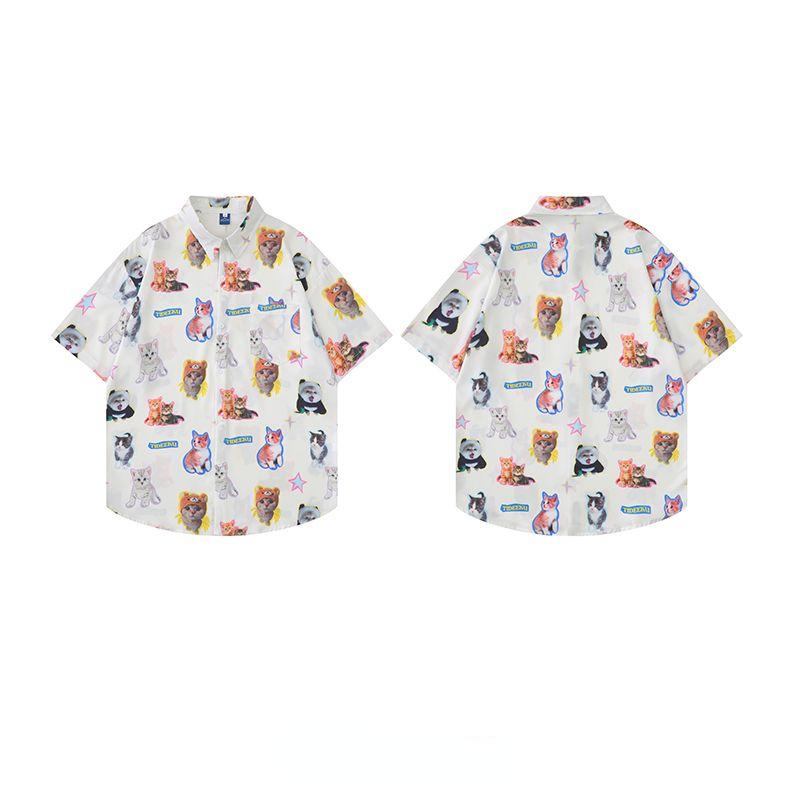 Harajuku Kawaii Cat Print Blouses Women Cute Graphic White Short Sleeve Shirts Oversized Casual Beach Style Cardigan