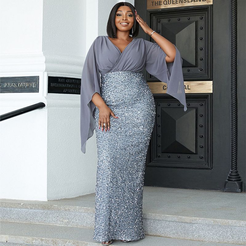 Cross-Border Fashion Plus Size Temperament Sexy Long Sequin V Neck Long Sleeves Banquet Evening Dress Bridesmaid Dress Dress Women