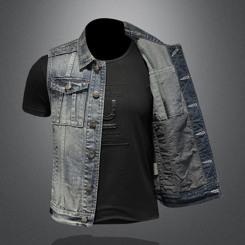 Cross-border European and American Retro Distressed Denim Vest Men's Plus Size Simple Sleeveless Slim Denim Vest MJ5171