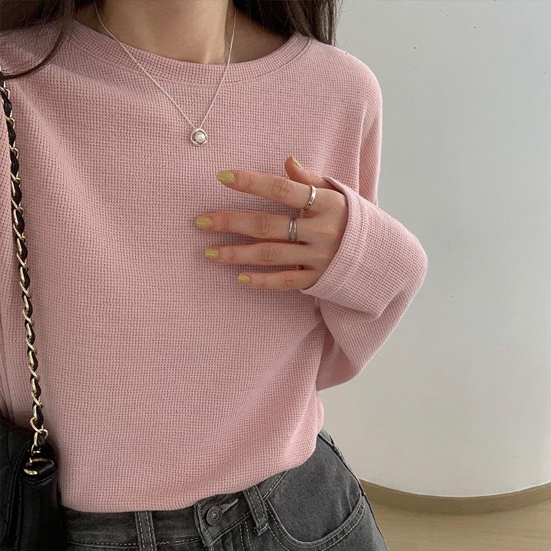 Waffle design long sleeve T-shirt women's round neck loose and thin inside with a base of new spring and summer top trend