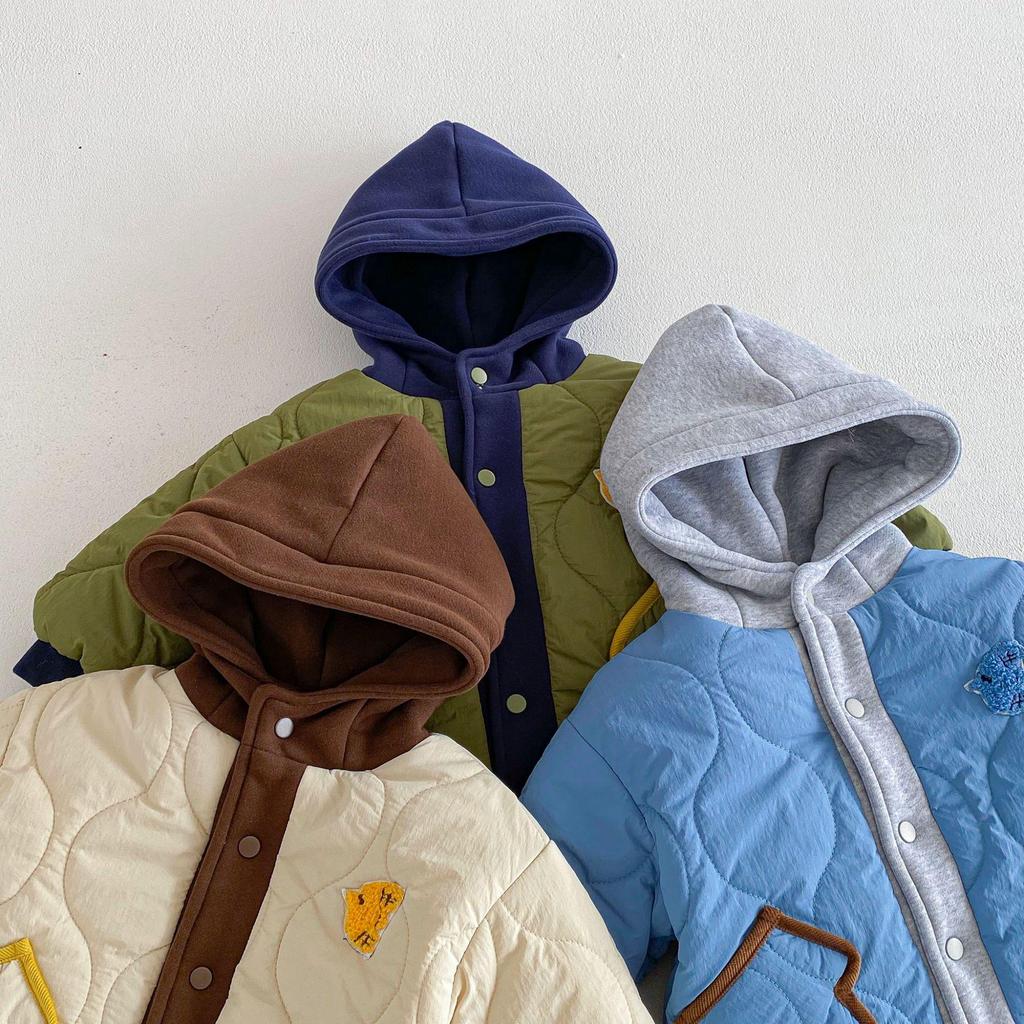 2025 Winter Boys' Hooded Cotton Jacket: Thick, Patchwork Korean Style for Kids