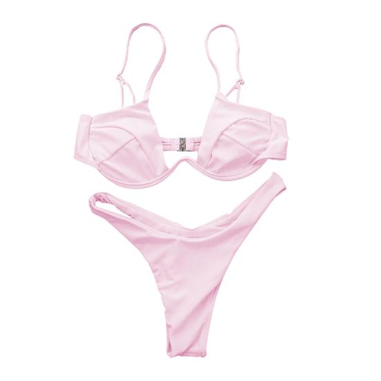 Sexy Women Solid Color Swimsuit Underwired Bra G-string Briefs Beach Bikini Set