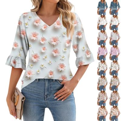 Women's Casual 3/4 Sleeve Top Summer V-neck Puffy Sleeve T-shirt Hawaiian Print Top