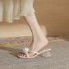 2025 Summer New Square Head Open-toed Middle Heel Fairy Style Temperament with Flower Pearl Crystal and Cool Slippers Woman