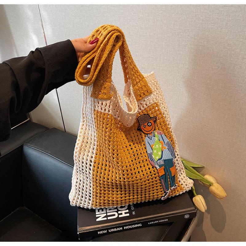 Fashion tote big bag spring new woven hollow mesh pocket casual cartoon fresh shoulder bag bag