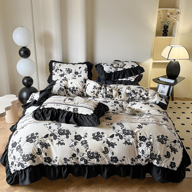Black Lace Princess Wind French Washed Cotton Four-piece Quilt Cover Quilt Cover Sheet
