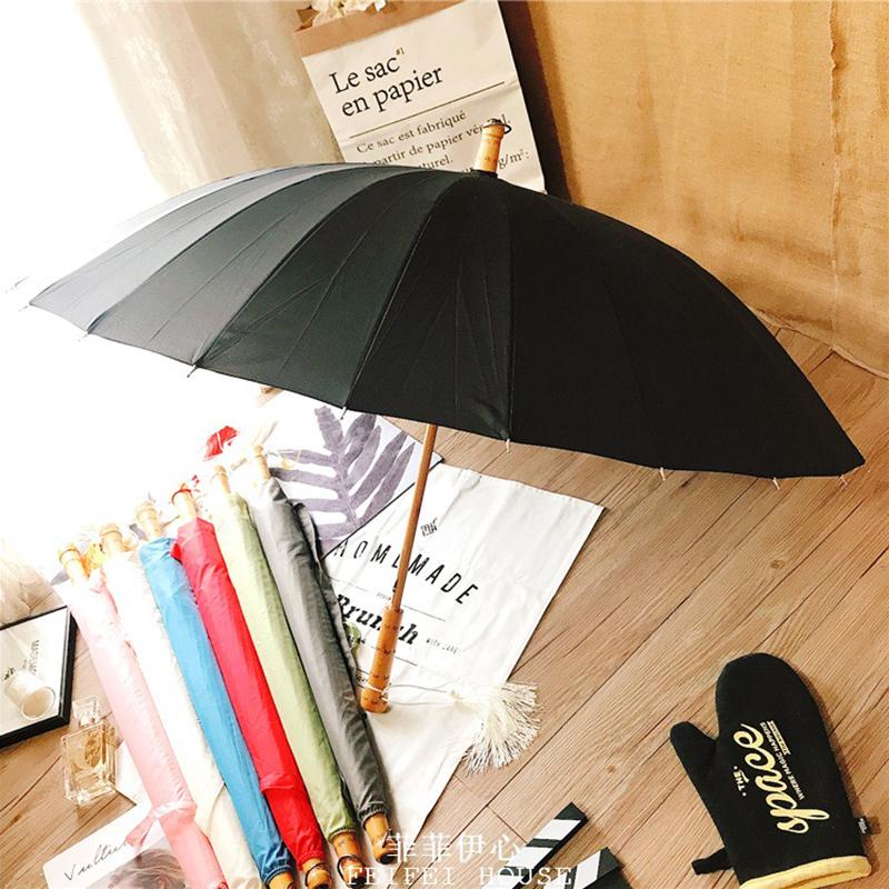 Wood Long Handle Umbrella 24 Ribs Retro Chinese Umbrella Men Women Black Big Parasol Outdoor Sun Protection Umbrellas for Girls