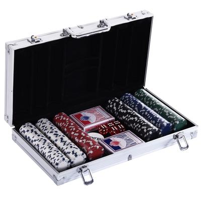 Poker Chips Set 300 PCs Casino Game Striped Dice 2 Decks of Cards Silver Aluminium Case