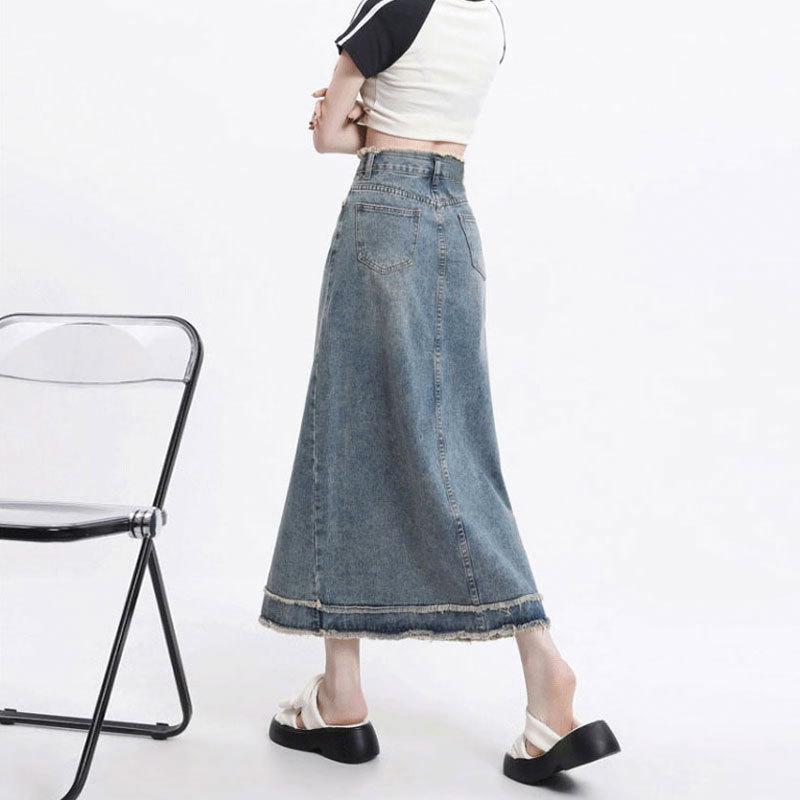 Fustă elegantă de vară cu talie înaltă, subțire, retro, cu margini brute, design A-line, dreaptă, pachet de șold, lungime medie, versatilă, confortabilă, din denim, bustieră