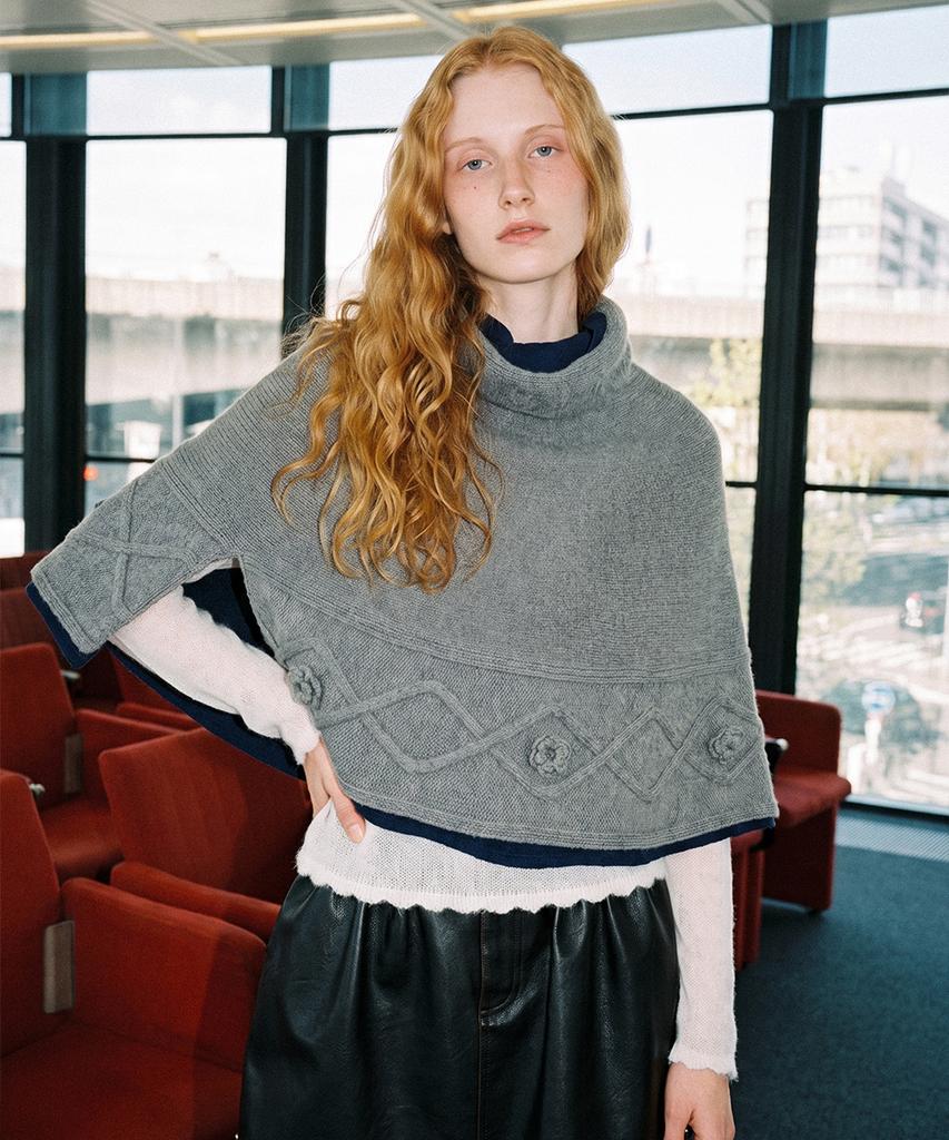 SINOON High Neck Knit Cape (Grey)