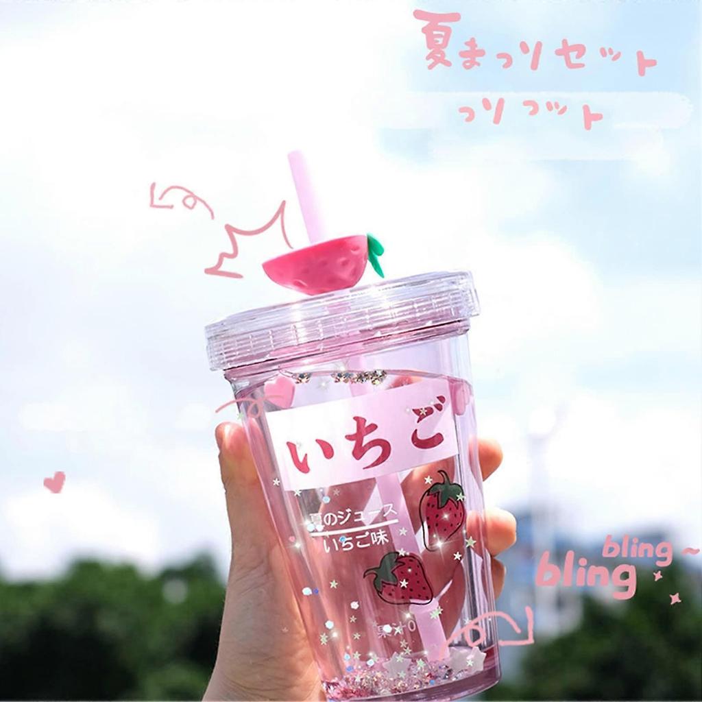 11.2oz Cute Water Bottle With Straw, Glitter Double Wall Water Bottle With Straw Kawaii Cup Strawberry Water Bottle Kawaii Cups