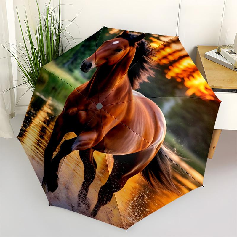 1pc Horse Water Reflection Automatic Folding Umbrella Portable Collapsible 8-Rib Umbrella for All Seasons, Casual Outdoor Accessory, B60