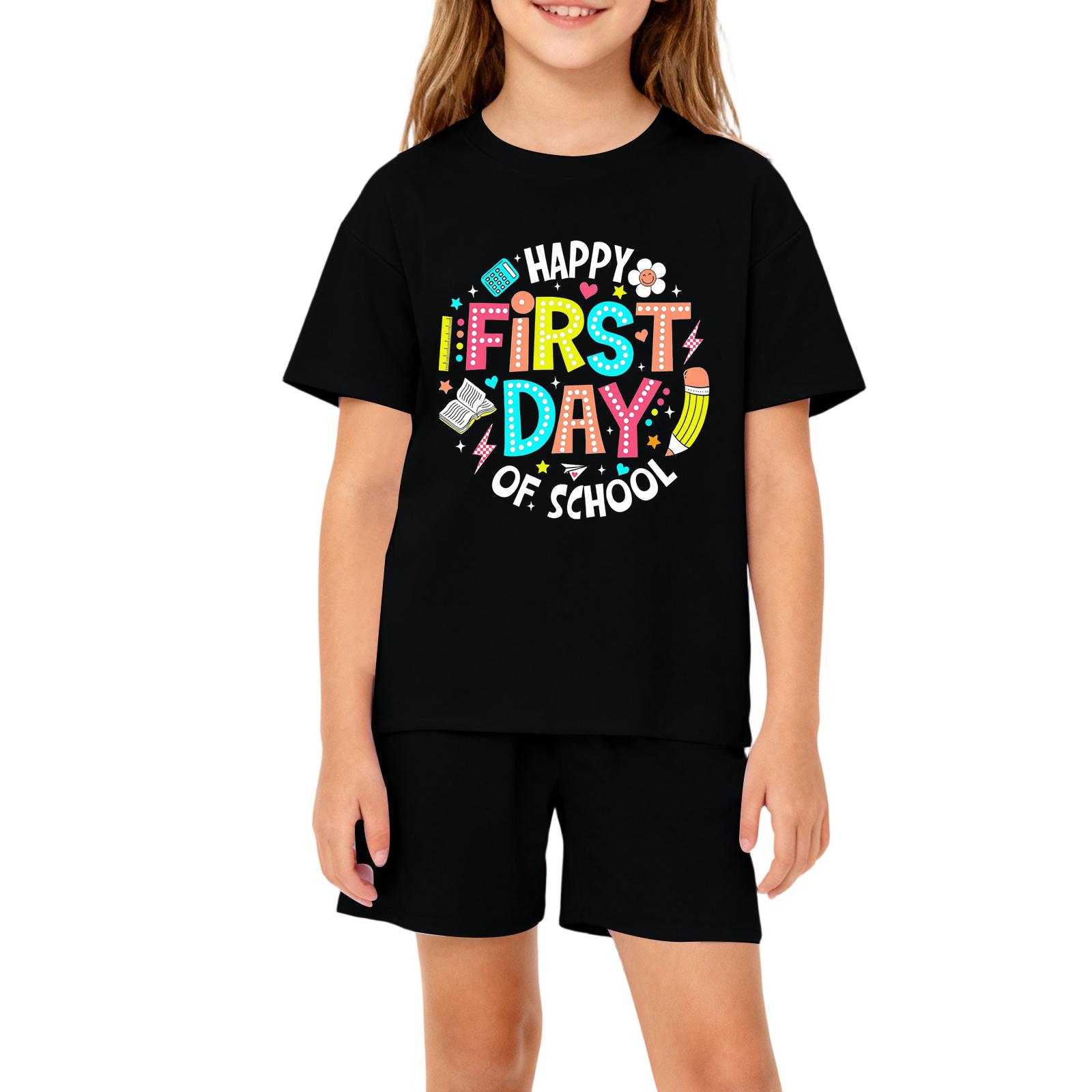 Kids Boys Girls Back to School Printed T-Shirt and Shorts Set Loose Fit Crewneck Casual Outfit 110