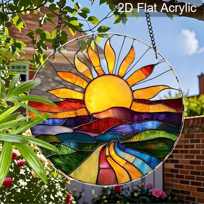 Acryl Zonsondergang Landschap Zonenvanger Glas-in-lood Effect Raamhanger Ornament Natuur Decor