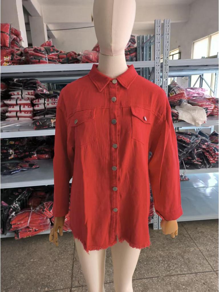 Women's Frayed Hem Denim Shirt Jacket - European & American Street Style for Autumn/Winter.