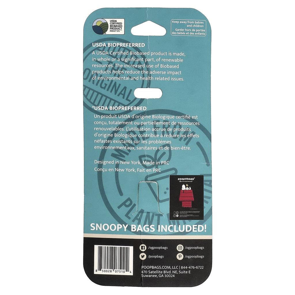 Original Poop Bags, Peanuts®, Bag Dispenser, Green, Snoopy Bag, Unscented, 1 Count, 15 Bags