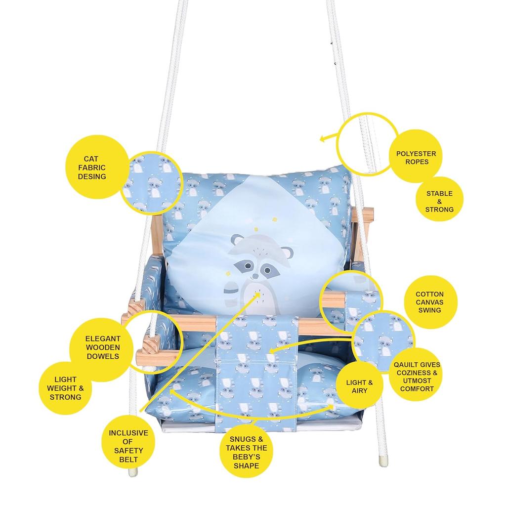 Swing for Kids, Baby Swing Hanging Indoor Outdoor, Kids Wooden Swing, Baby Garden Swing, Jhula for Kids with 2 Pillow (Blue Fox)