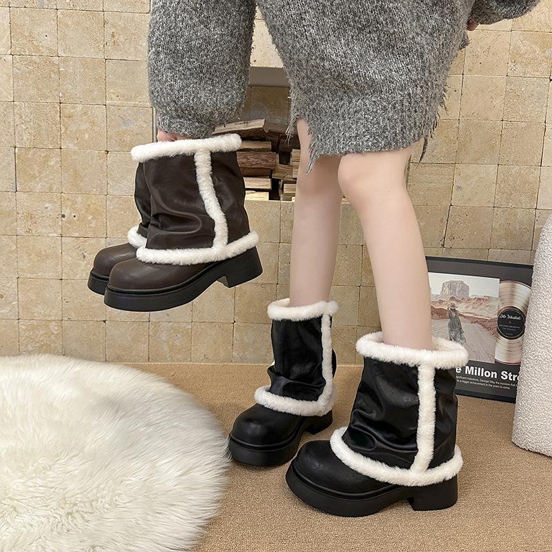 Damskie futrzane zimowe lekkie ciepłe ocieplane śniegowce na grubej podeszwie ze skóry antypoślizgowe do noszenia na co dzień bawełniane botki