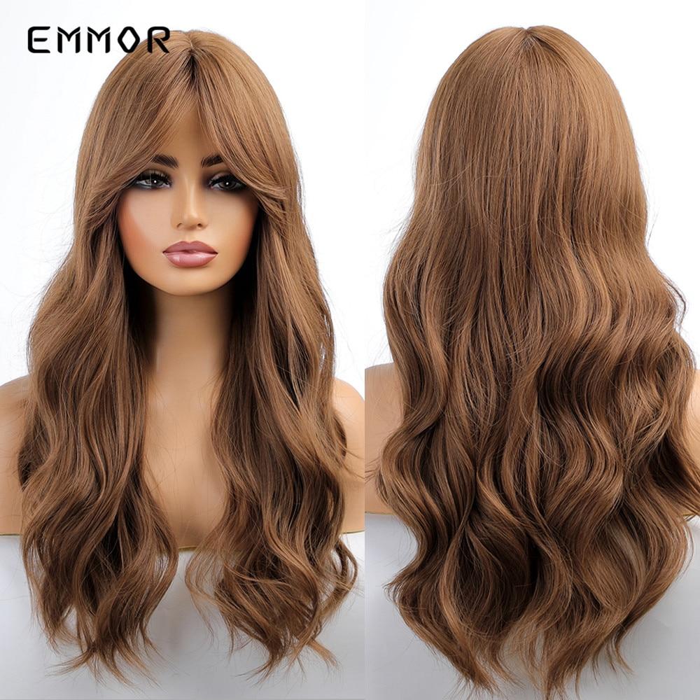 ALAN Synthetic Long Wavy Wigs with Bangs for Women Cosplay Natural Ombre Black To Pink Hair Wig High Temperature Fiber