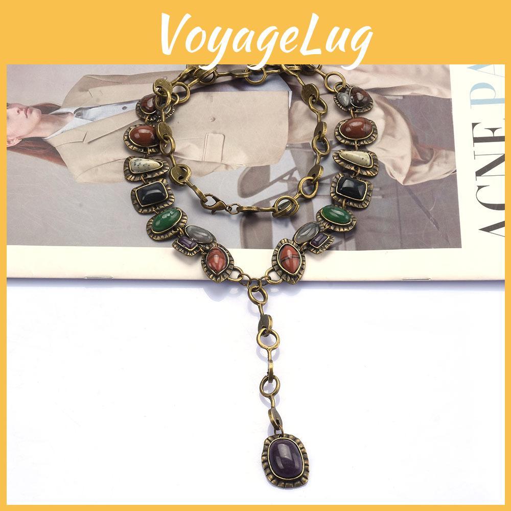 Bohemian Style Long Metal Necklace With Gem Accents For Women Summer Wear
