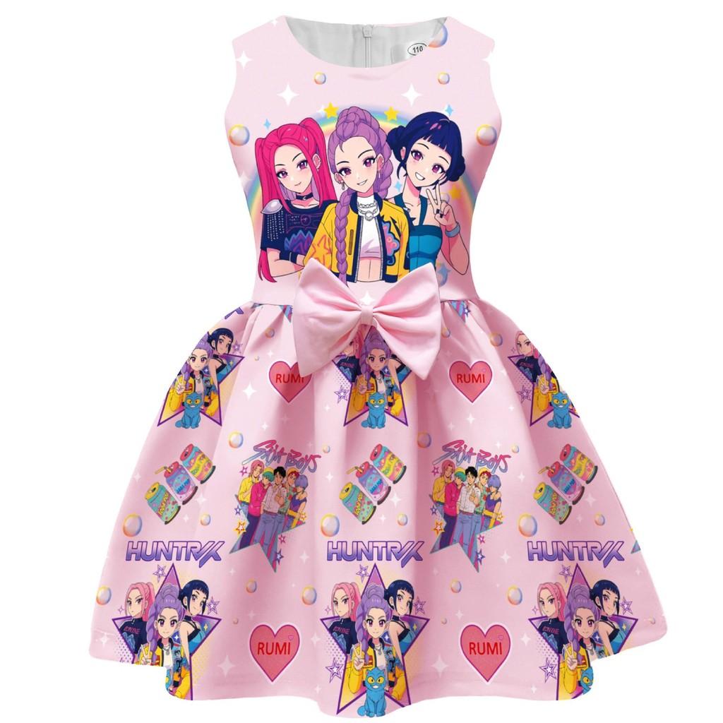 Kinder Mädchen Film POP Rumi Zoey Mira Print Ärmellos Schleife Lässig Party Prinzessin Kleid