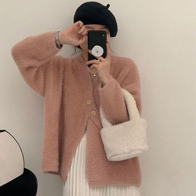 Women's Mid-Length Mink Cashmere V-Neck Cardigan Coat with Irregular Hem - Perfect for Autumn and Winter