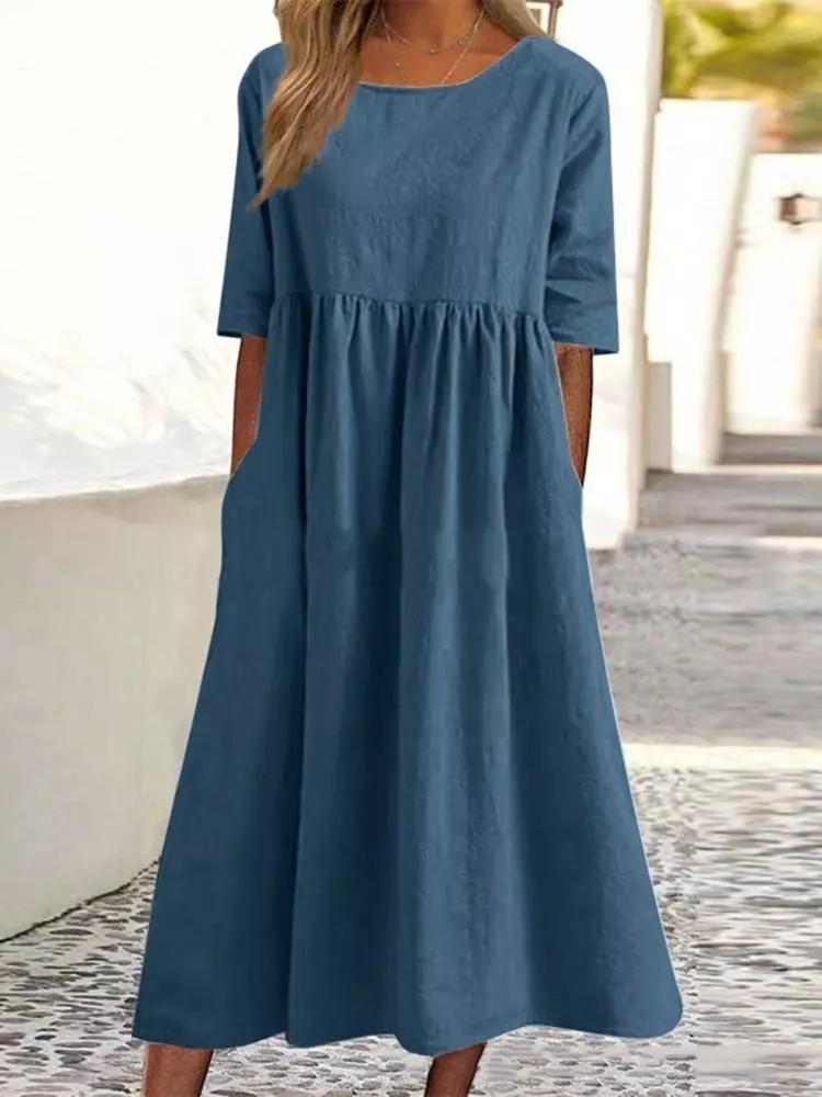 Women's Round Neck 3/4 Sleeve Linen Cotton Loose Midi Dress With Side Pockets Casual Swing Dress