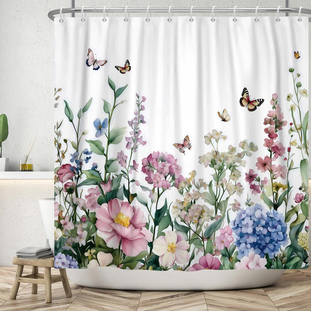 Watercolor Floral Shower Curtain Vibrant Wildflower Butterfly Print Waterproof Bathroom Curtain Decor Polyester With 12 Hooks