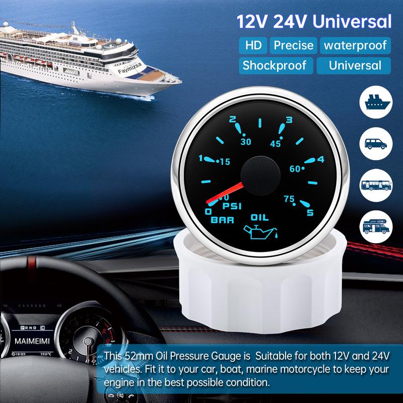 0-5 Bar / 0-10 Bar Öldruckanzeige 7-farbige Hintergrundbeleuchtung Auto-Anzeige oder 1/8NPT-Sensor für Marineboot Yacht Auto 9~32V