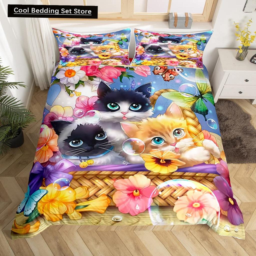 Cute Cat King Queen Duvet Cover Kitten Bedding Set Purple Floral Butterflies Polyester Quilt Cover Pet Animal Comforter Cover