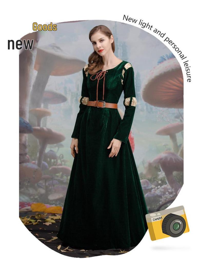 Women's Brave Merida Green Court Long Dress Halloween Cosplay Costume