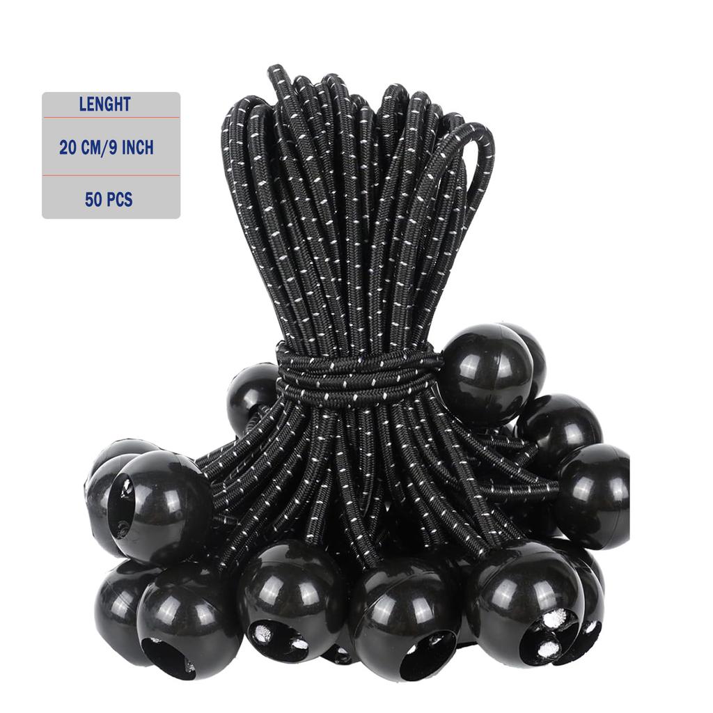 50 Stück Bungee-Kugeln, Schwarze Kordel für Plane, UV-beständig, mit elastischer Schnur für Plane, Gurte, Zelt, Stangen & Drähte