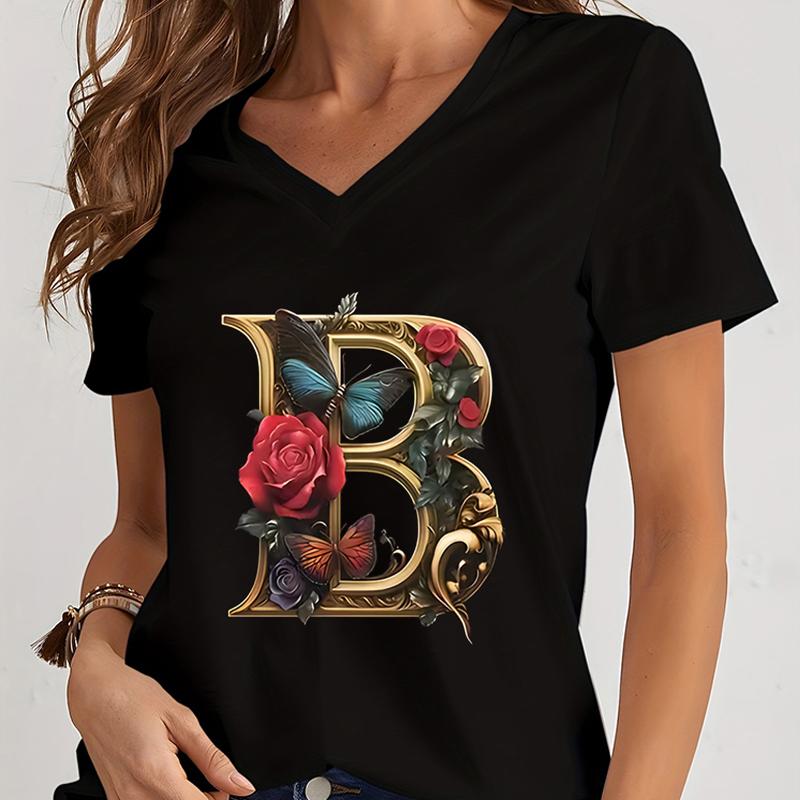 Women Tshirts AZ 26 Alphabet Flower Vintage Design Premium Tshirt Vintage Butterfly Flower 26 English Alphabet Summer Tshirt