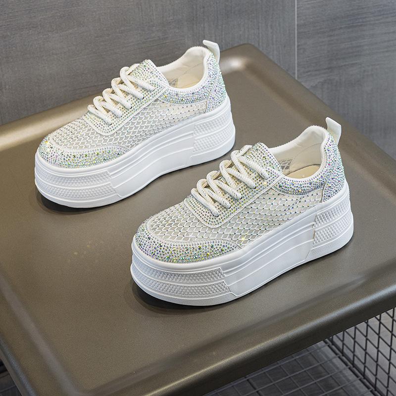 7 Thick-soled Muffin Women's Summer New Breathable Rhinestone Mesh Yarn Heightening, Lightweight and Versatile Casual Net Shoes