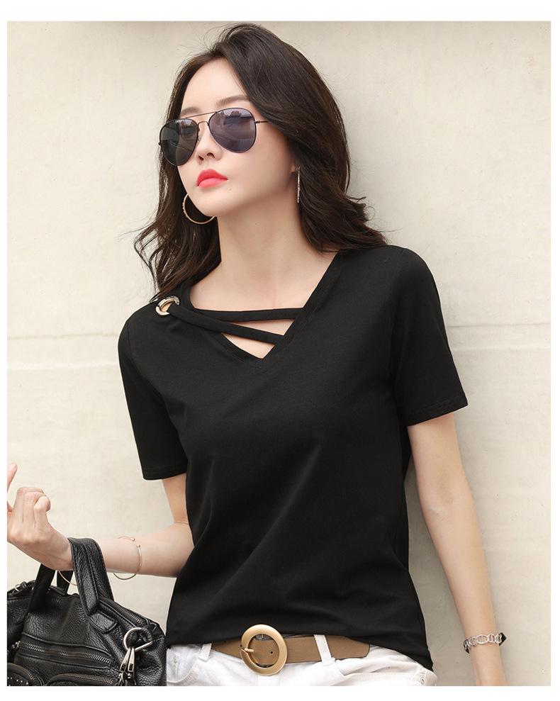 2025 Women's Short-Sleeve V-Neck Loose-Fit T-Shirt, Summer Casual, Available in White and Black, Korean Style Trend.