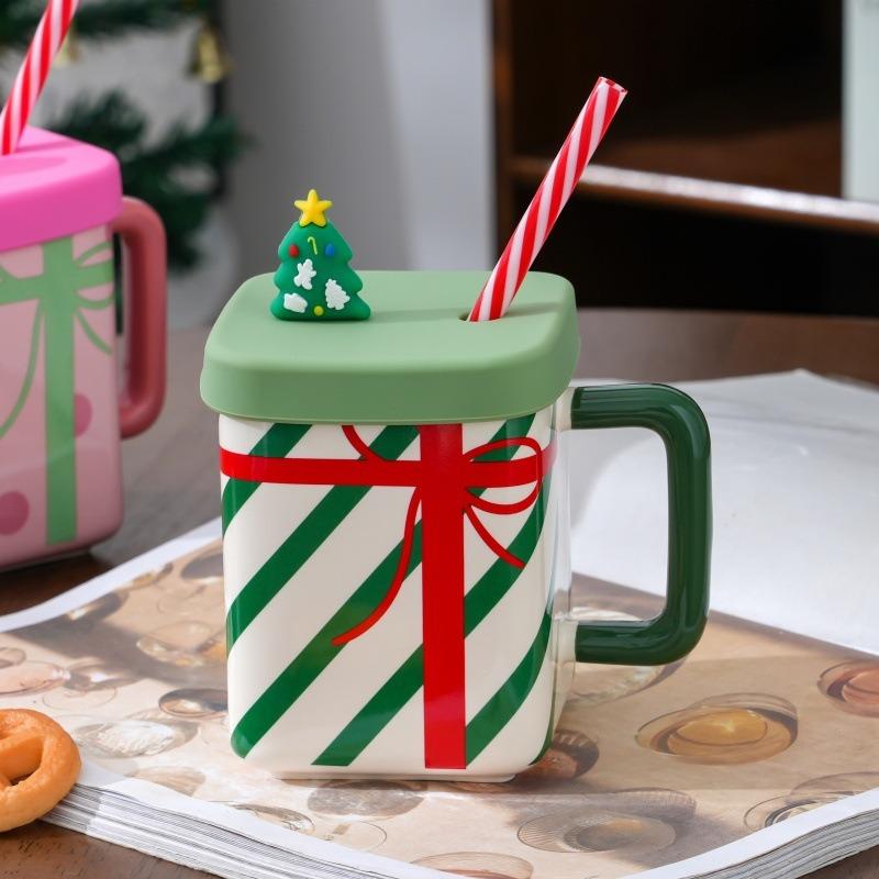 Cute Santa Claus Ceramic Mug With Handle Lid Straw Home Oat Milk Coffee Breakfast Cup Couples Christmas Gift 450ML