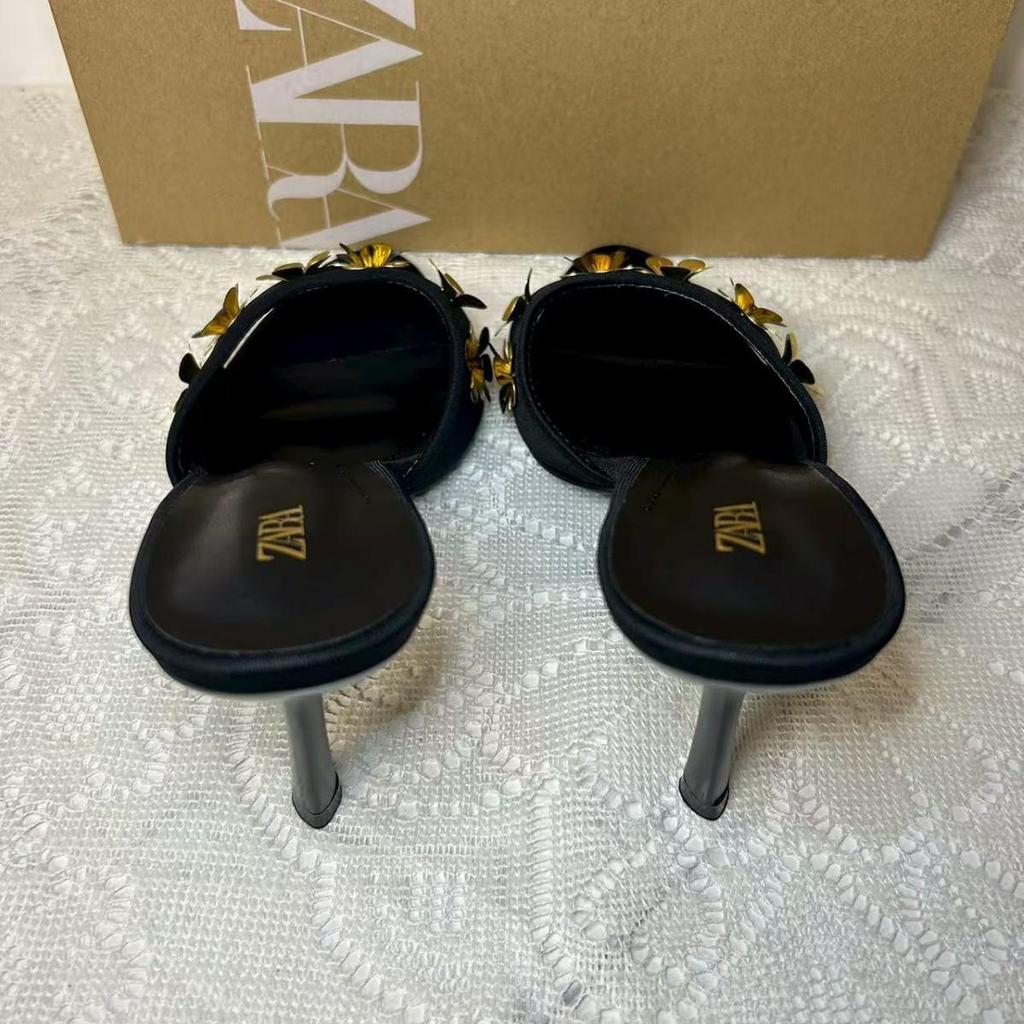 ZA2025 Black Gold Flower Embellished Round Toe Backless Stiletto Heel Sandals for Women