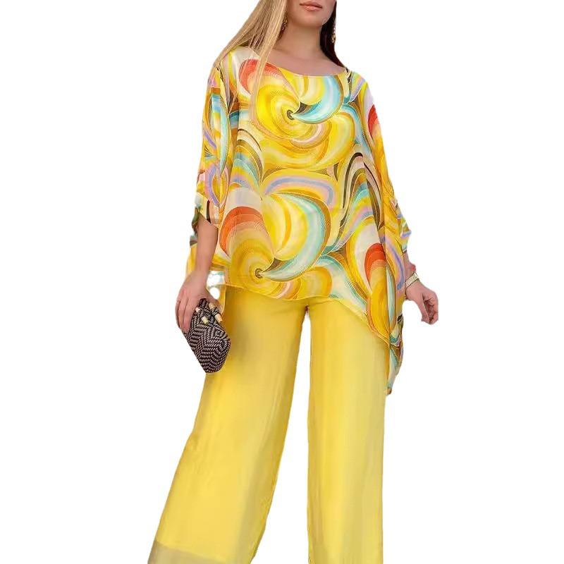 2024 Summer Colorful Chiffon Print Casual Two-Piece Set with Round Neck